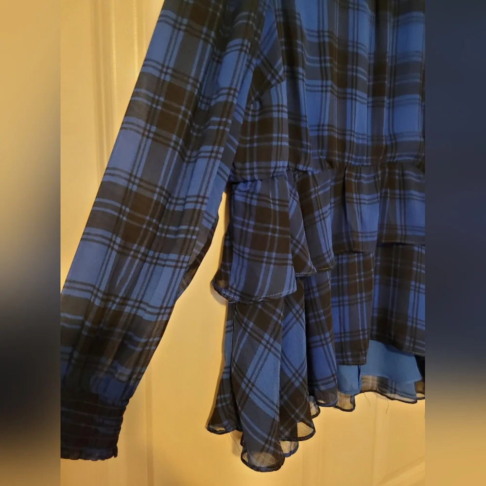 TORRID Blue and Black Plaid Rufffled Top Blouse.   M/L - Picture 3 of 7